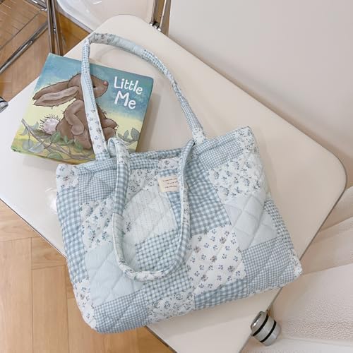 MSGHER Floral Quilted Tote Bag with Zipper Lightweight Reusable for Women Cotton Shoulder Bag for Travel Shopping Daily Use (Blue Patchwork) by MSGHER - Used condition - Image 6