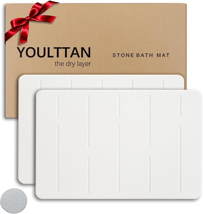 Home Bath Stone Mat 24"x16" (2-Pack) – Quick-Dry, Non-Slip Diatomaceous Earth Mat, Stylish & Absorbent, White Straight