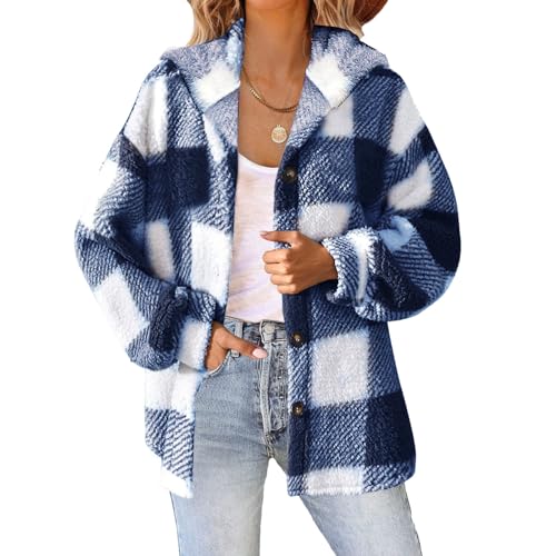 Fuzzy Fleece Jackets For Women Casual Fashion 2023 Plaid Button Down Shacket Warm Winter Sherpa Coats Outwear