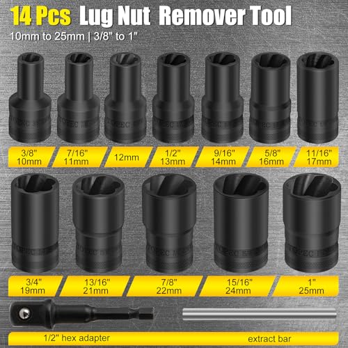 Image of 14PCS Lug Nut Removal Tool, 1 /2 inch Drive Lug Nut Extractor Set, 10-25mm Stripped Lug Nut Remover Socket, Wheel Lock Removal Kit for Damaged, Rusted, Rounded Bolts, Tire Lug Nuts
