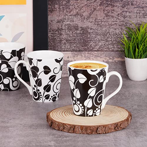 Image of Dandy Lines Conical with Black and White Leaves, Ceramic Coffee Mug Set, Pack of 4, Microwave & Dishwasher Safe, Great for Home Use & Gifting