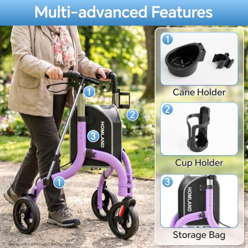 Image of HOMLAND Foldable 3 Wheel Walkers for Seniors, Lightweight 10.4 lbs | with Cane & Cup Holder, Height Adjustable, 8'' big wheel, Lavender