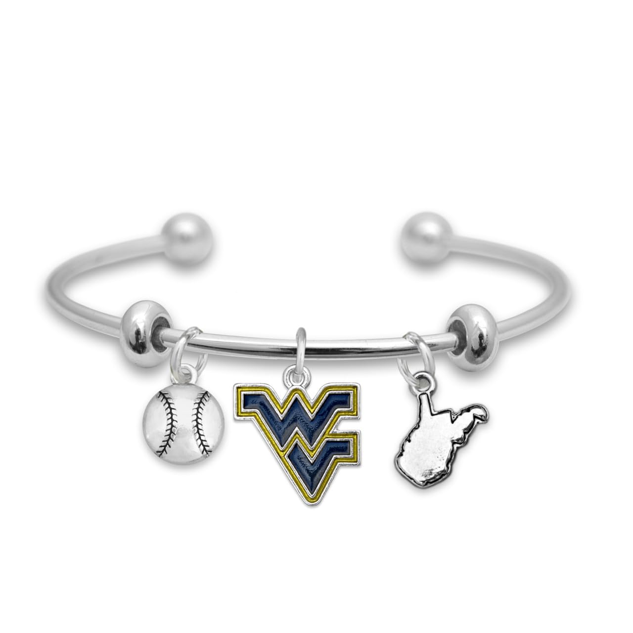 From the Heart West Virginia Mountaineers Baseball Accent Charm Team Traditions Cuff Bracelet with Team Color Logo, Baseball and State Accent Charm Officially Licensed Jewelry Fan WVU