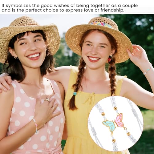 2pcs Matching Bracelets, Butterfly Friendship Bracelets Adjustable Strand Best Friends Bracelet BFF Bracelet, Handmade Charm Couples Jewelry Gifts for Women Couples Friend (Pink + Blue)4