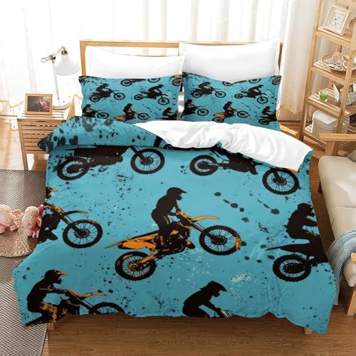 Housse de couette motocross 3D microfibre 260x220cm avec taies d'oreiller - 3