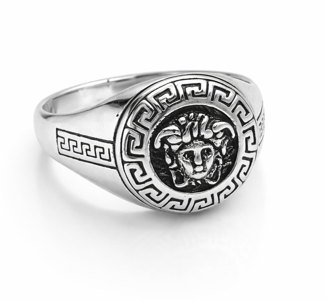 Silver-Plated Medusa Head Signet Ring for Men, Greek Key Oxidized Statement Band