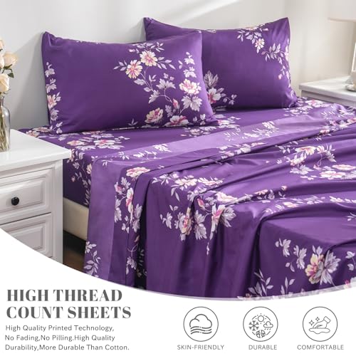 Bedlifes King Sheet Set Ultra Soft, Breathable, Silky Flower Deep Pocket 100% Microfiber Bedding, 4 Piece King Size Dark Purple Floral