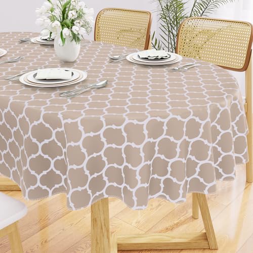 Image of Smiry Oval Table Cloth, Flannel Backed Vinyl Tablecloth, 60 inchx102 inch | Waterproof Plastic Tablecloths, Wipeable Table Cover for Dining, Indoor and Outdoor (Khaki)