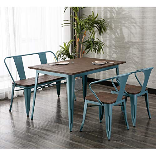 Mellcom Metal Bench Industrial Mid-Century 3 Person Chair With Wood Seat,Dining Bench With Floor Protector,Blue #TOP3