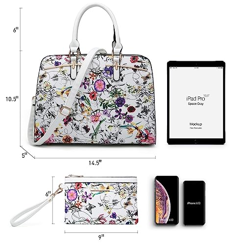 Dasein Women Handbags Satchel Purses Top Handle Work Bag Briefcases Tote Bag With Matching Wallet (1-White Flower)