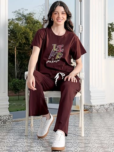 Image of ZEYO Night Suit for Womens Typography Printed Cotton Night Dress of Top and Wide Bottom Pyjama