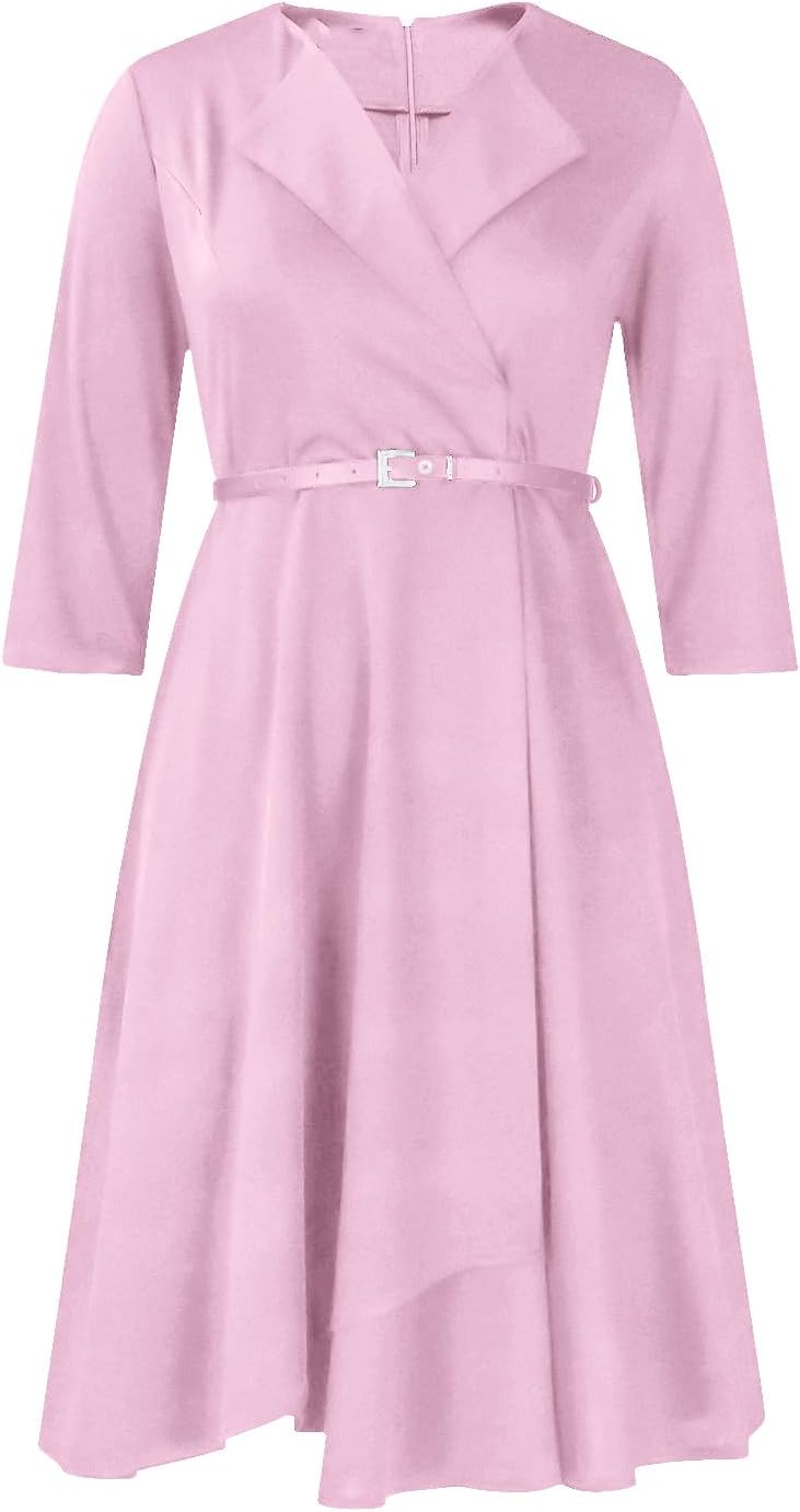 Elainone Women 3/4 Sleeve Casual Swing Flared A Line Dress Wedding Guest Semi Formal Office Work Dresses with Belt - Image 5