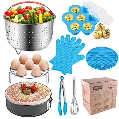 AMEON Accessories for Instant Pot 6, 8 Quart - Steamer Basket, Egg Rack, Springform Pan, Egg Bites Mold, Egg Beater, Pot Mitts, Silicone Mat and Food Tong for Insta Pot, Pressure Cooker, Rice Cooker