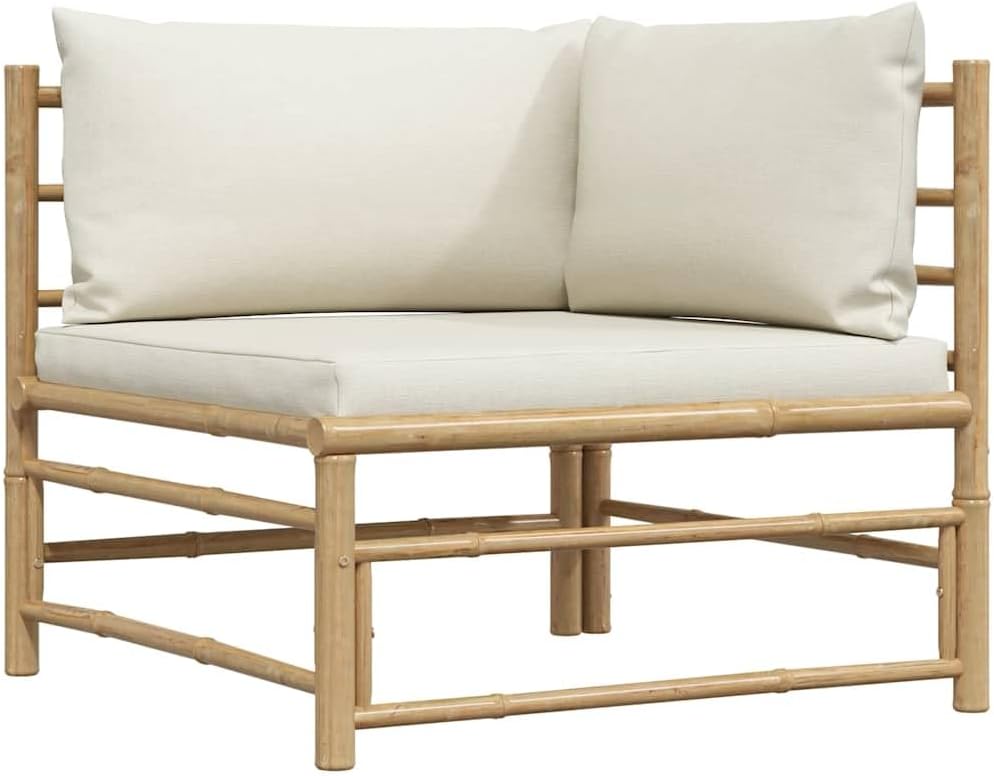 Modular Outdoor Bamboo Sectional Sofa, Cream White Fabric Middle Seat for Patio, Garden, and Backyard Lounge Set, 27.6 x 27.6 x 23.6 Inches