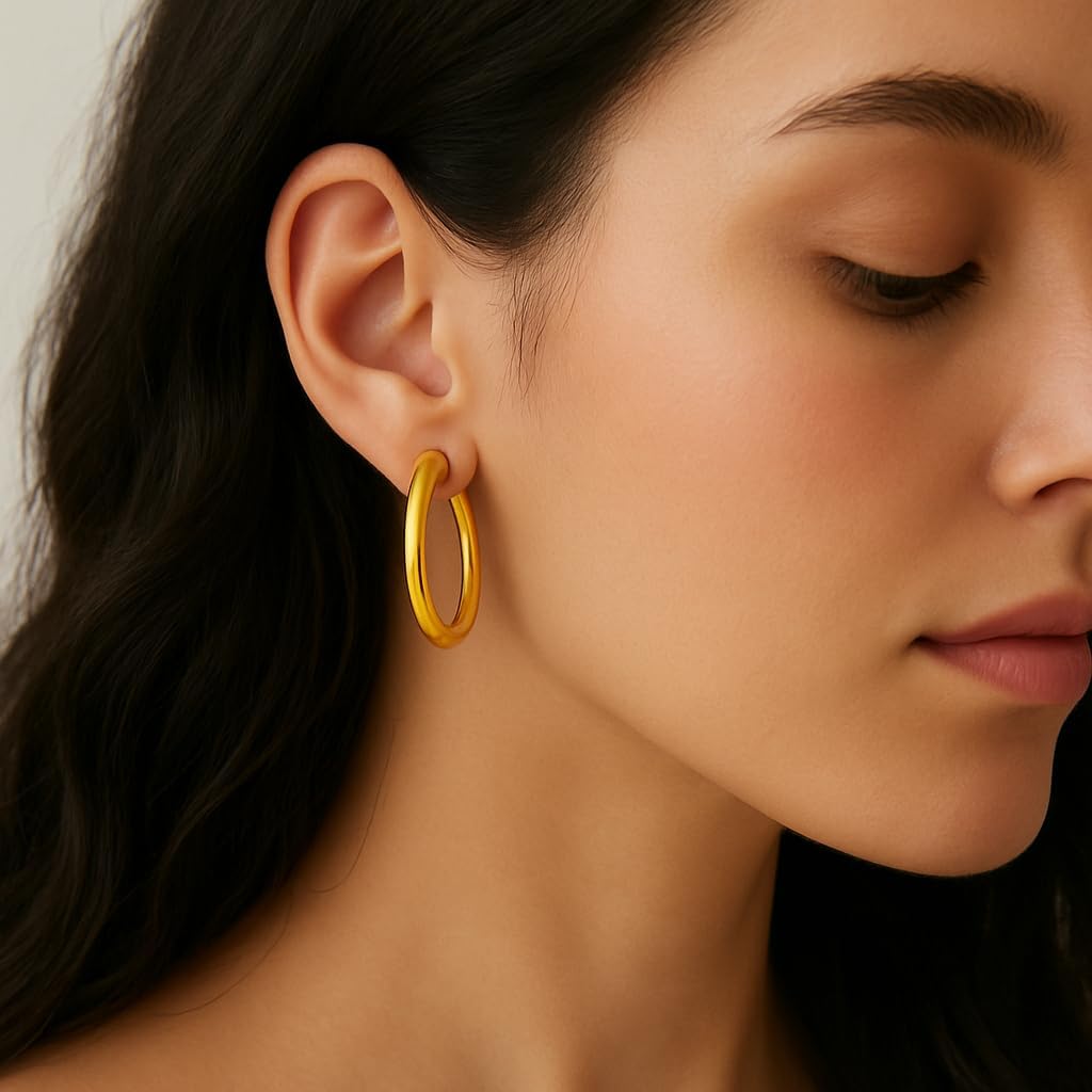 Gold Clip On Spring Hoop Earrings for Women - 14K Chunky Non Pierced Earring Plated Hoops Drop Dangle Earrings No Piercing Jewelry - Image 2