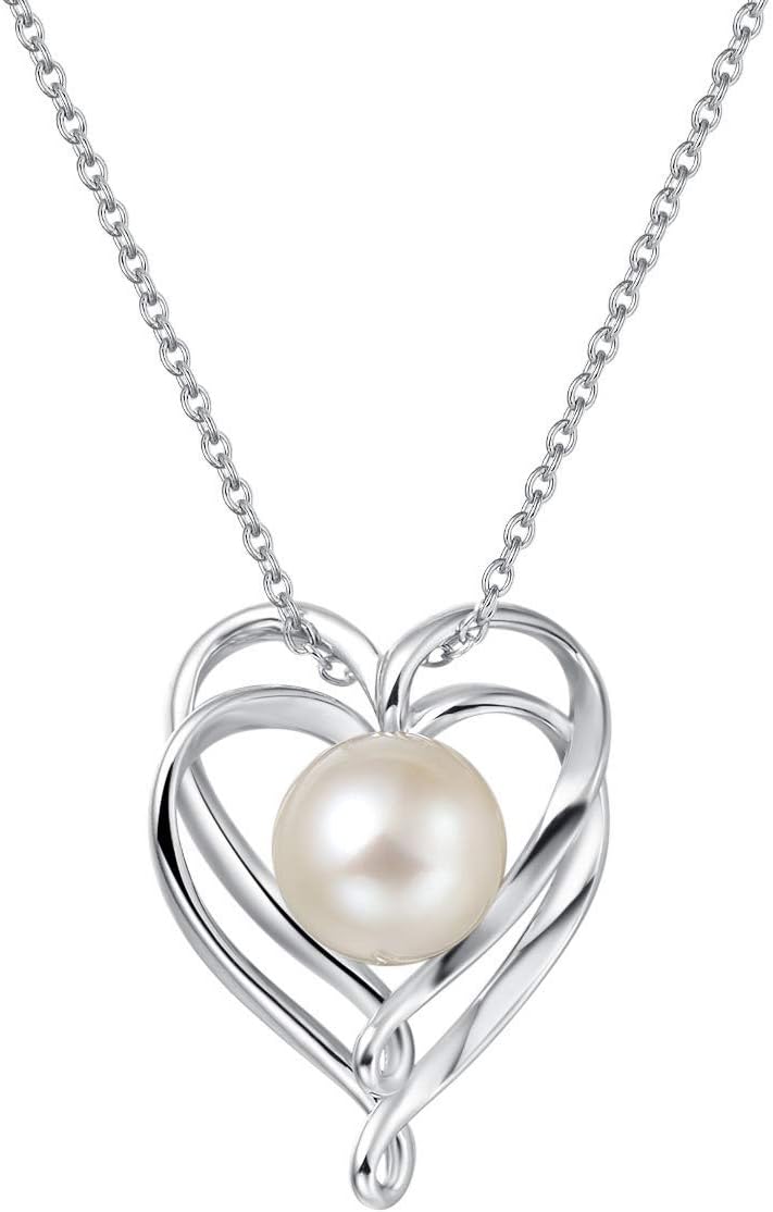 FANCIMEPearl Necklace of Sterling Silver, CZ Solitaire Cultured 9-10mm Genuine Freshwater Pearl Pendant June Birthstone Fine Jewelry for Women Girls 16" +2" Extender
