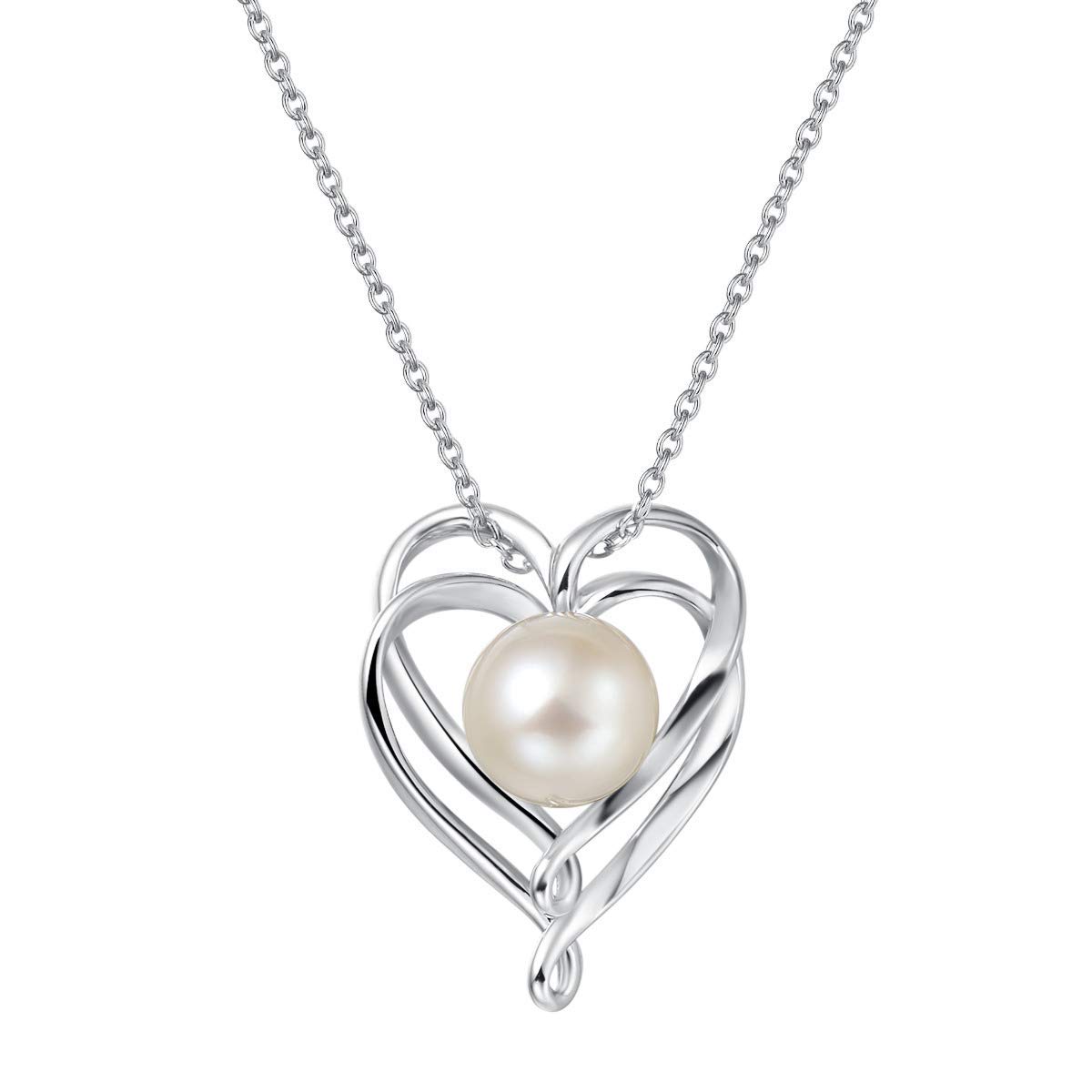 FANCIMEPearl Necklace of Sterling Silver, CZ Solitaire Cultured 9-10mm Genuine Freshwater Pearl Pendant June Birthstone Fine Jewelry for Women Girls 16" +2" Extender