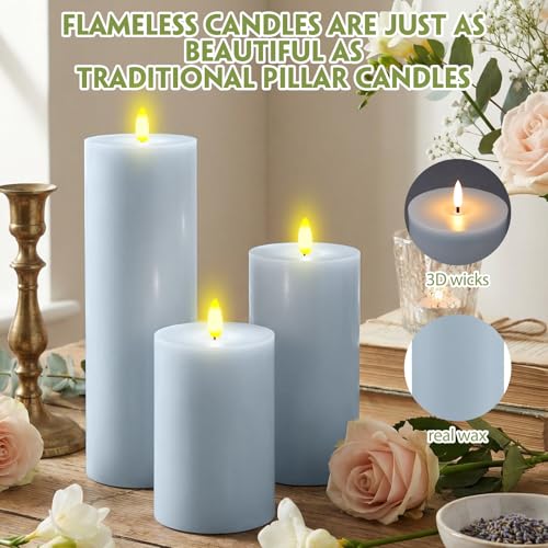 Image of Retisee 3 Pcs 6 /8 /12 Inches Light Blue Large Flameless LED Candles with Remote and 2 /4 /8h Timer Battery Operated Wax Flickering Candles for Home Winter Holiday Party Wedding Porch Bedroom Desk Decor