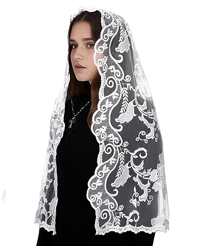 Mantveil Lace Mantilla Chapel Veil: Long D Shaped White Flower Embroidered Church Veils for Women Catholic Latin Mass Head Covering