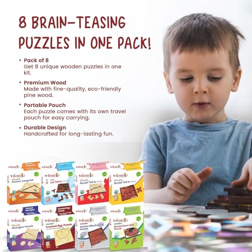 Image of Braintastic Wooden Puzzle Portable Pack of 8 Different Puzzle for Birthday Return Gifts Party Pack, Travel Board Game, Return Favors with Travel Pouch for All Age Group