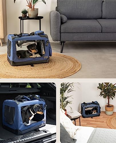 lionto Hundetransportbox faltbar für Reise & Auto, 50x34x36 cm, stabile Transportbox mit Tragegriffen & Decke für Katzen & Hunde bis 10 kg, robuste Hundebox aus Stoff für klein & groß, dunkelblau