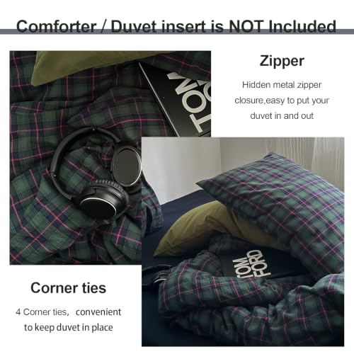 Image of EAVD Vintage Plaid Duvet Cover Full Pink Green Gingham Duvet Cover Set | Soft 100% Washed Cotton 3-Piece Reversible Plaid Bedding Set 1 Duvet Cover with 2 Pillowcases Zipper Closure Corner Ties