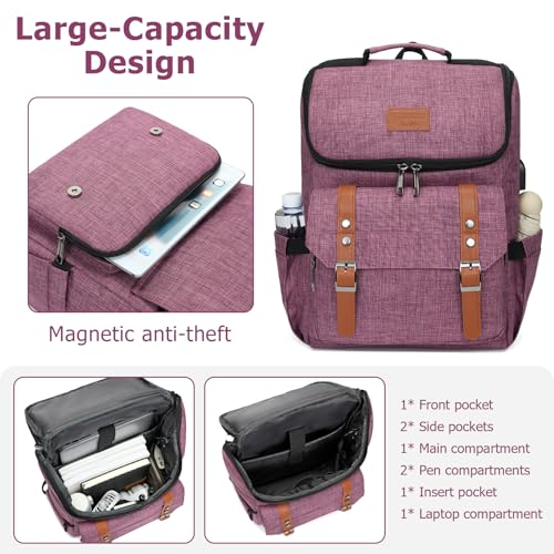 Image of YALUNDISI Vintage Backpack Travel Laptop Backpack with usb Charging Port for Women & Men College Backpack Fits 15.6 Inch Laptop Purple Brown