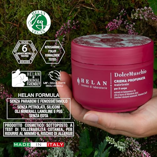 Helan Słodki mech - Perfumowany nawilżający krem do ciała do skóry suchej z witaminą C i E szybko wchłaniającym się odżywcą z olejkiem ze słodkich migdałów, 96% naturalnego pochodzenia, Made in Italy