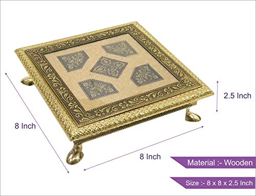 Image of Handmade Wooden Pooja Bajot Chowki (20 cm x 20 cm x 5 cm, Gold) N427
