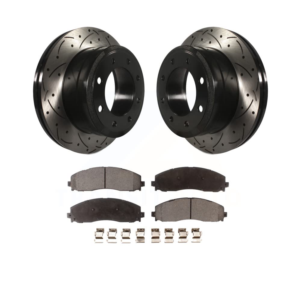 Rear Coated Drilled Slotted Disc Brake Rotors And Ceramic Pads Kit For Ford F-250 Super Duty F-350 KDT-100469