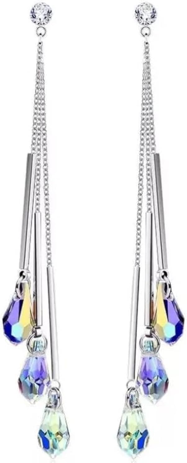 Savlano 14k White Gold Plated Aurora Borealis Drop Tear Cut Austrian Rainbow Multicolor Crystal Tear Drop Cut Stud Dangle Earrings For Women
