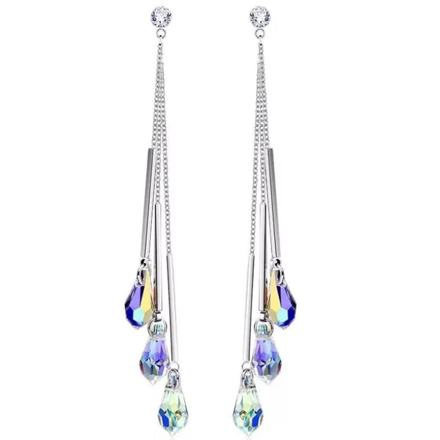 14k White Gold Plated Aurora Borealis Austrian Rainbow Multicolor Crystal Tear Drop Cut Stud Dangle Earrings For Women & Girls-image-10