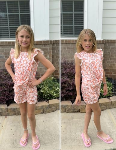 Image of Arshiner Girls Shorts Sets 2 Pieces Outfits Twist Front Ruffle Sleeve T-Shirts and Shorts With Pockets Cute Clothes Sets