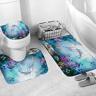 3Pcs Ocean Dolphin Bathroom Rugs Set, 3D Blue Underwater World Dolphin Coral Non Slip Bath Rug U Shape Mat and Toilet Seat Mat for Bathroom Decoration (Big)