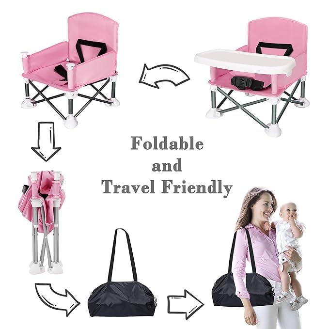 Anadi Baby Travel Booster Seat - Toddler Foldable Camping Chair, Compact Portable Baby Seat with Removable Dining Tray for Boys Girls (Pink) 4