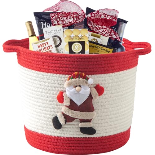 Image of Christmas Basket with Santa Claus Doll, Woven Cotton Rope Christmas Storage Basket with Handles, Christmas Toy Baskets for Towels, Diapers, Red