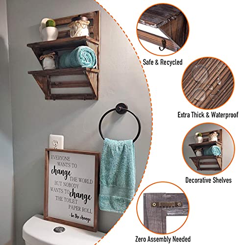 RHF Rustic Wall Shelf, Wood Wall Shelves, Hanging Shelf Organizer Rack, Decorative Floating Shelves for Living Room, Bathroom, Kitchen, Office - 2 Hooks 2-Tier (Brown) - Image 4