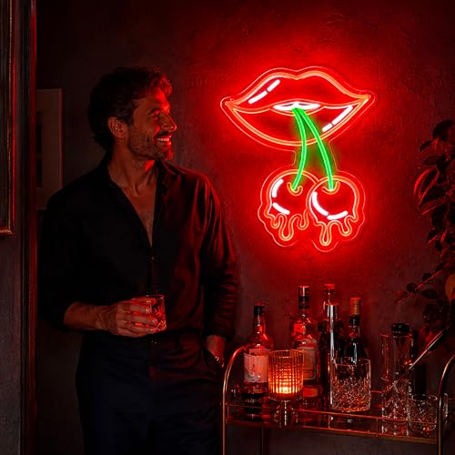 Image of Cherry Lips Neon Sign, Neon Signs for Wall Decor Neon Red LED Signs Room Neon Light Up Signs Home Decor for Bedroom Club Party Bar Shop USB Operated