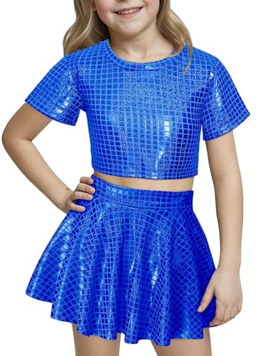 Happy Cherry Kids Girls 2 Piece Dance Outfits Set Sequins Metallic Crop Top with Skirt Jazz Latin Ballroom Performance Outfits