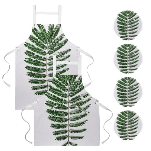 Tablier de cuisine avec 4 broches et motif feuille de fougère verte