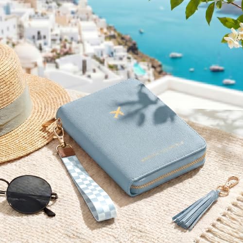 Image of Stylish Passport Holder for Travel with Detachable Wristlet Strap, Blue, 6.4 x 4.6 x 0.7 inches, Modern | All-in-one Travel Wallet Organizer for Women - Secure Money Belt Alternative with Card Slots and Tassel Keychain