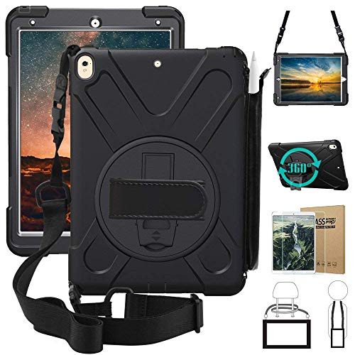 iPad Pro Funda, Soporte 10,5u00a0Duro Capa a Prueba de Golpes Dropproof Funda Piel w/Correa Arnés para Hombros y Pluma lápiz Soporte Caso híbrido para iPad Pro 10,5u00a0Pulgadas 2017 Negro Negro