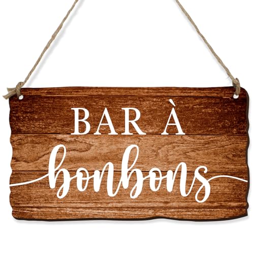 Panneau Bar à Bonbons Suspendu en Bois avec Corde de Jute Décoration Accessoire Décoratif pour Mariage Anniversaire Fête 19x10.7cm