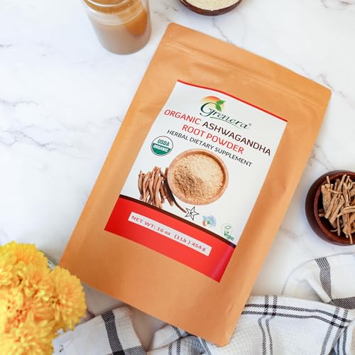 Image of Grenera Organic Ashwagandha Powder 1 lb (16 Ounce) - USDA Organic, Vegan, Kosher Cetified