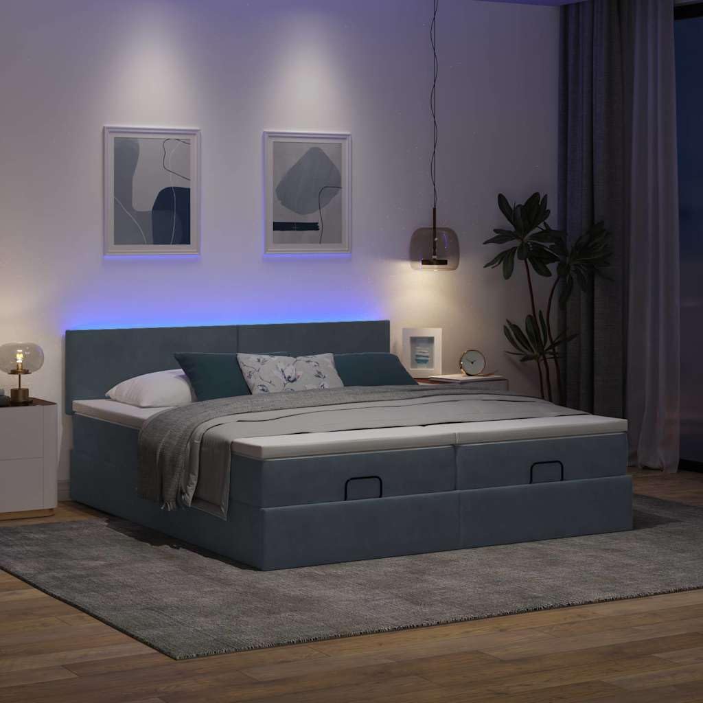 Łóżko otomanowe z materacem i oświetleniem LED w kolorze ciemnoszarym, 180 x 200 cm, aksamitne, łącznie z miejscem do przechowywania, hydrauliczny mechanizm podnoszący, złącze USB, nadaje się
