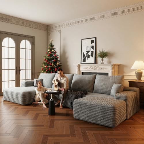 Image of Boneless Couch, Modular Sectional Couches for Living Room, U-Shaped Cloud Couch Sofa with Deep Seat, Fluffy Corduroy Upholstered Corner Sofa