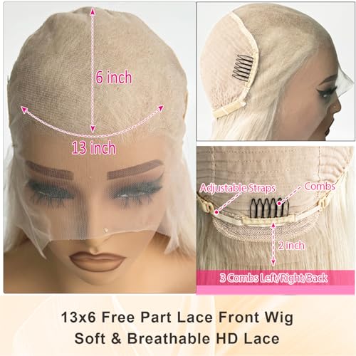 Image of 26 Inch Platinum Blonde Lace Front Wig Human Hair 13x6 HD Transparent Lace Frontal Pre Plucked 180% Density Wear and Go Glueless Wigs 6 Inch Deep Parting Brazilian Real Remy White Blonde Wig for Women