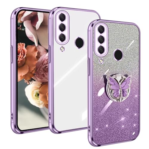 WOWUDI Cover Glitterata per Huawei P30 Lite,Ultra Sottile Brillantini Anello Supporto Ragazza CustodiaScintillante Farfalla Holder Cover per Huawei P30 Lite- Viola