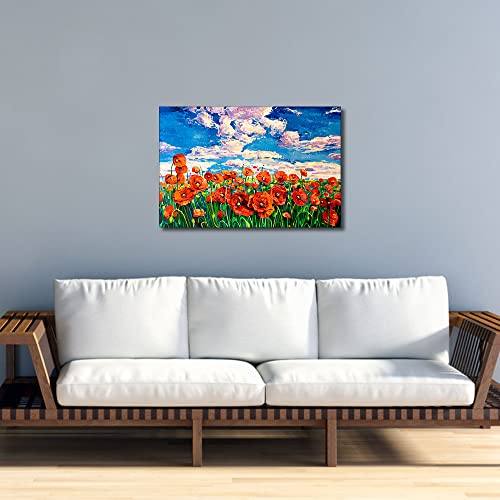 TISHIRON Red Flowers Canvas Prints Wall Art Flower Field under the Setting Sun Oil Paintings Pictures for Home Decorations Modern Stretched and Framed Giclee Artwork 16x24 inch - Image 2