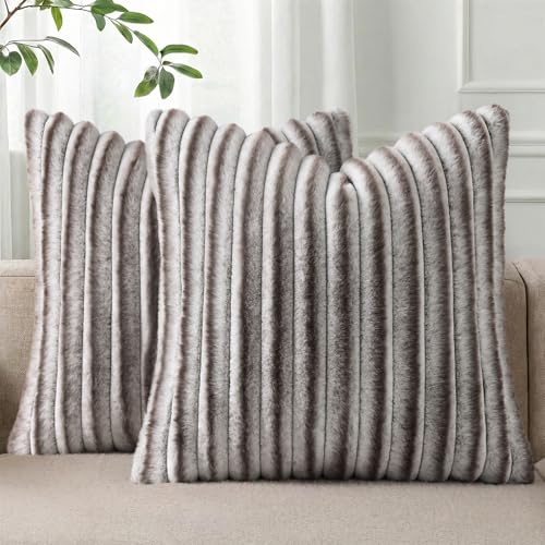 Image of Pallene Faux Fur Plush Throw Pillow Covers 18x18 Set of 2, Luxury Soft Fluffy Striped Decorative Pillow Covers for Sofa, Couch, Living Room, Ombre Coffee